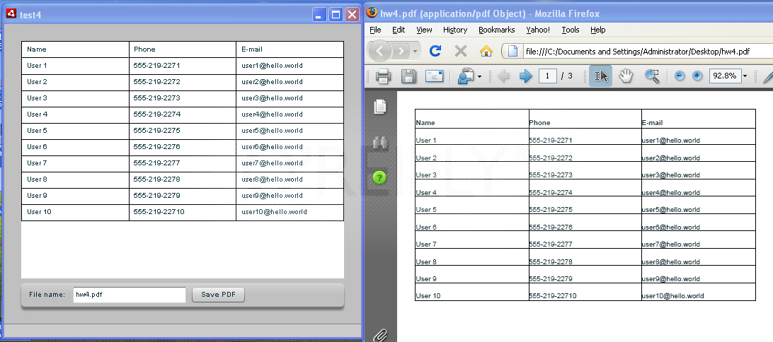 Running test4.mxml (left) generates PDF hw4 (right)